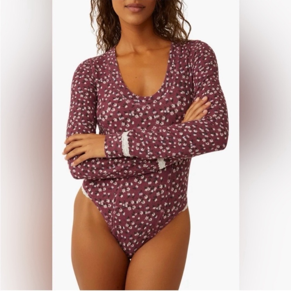 Free People Sugar Dreams Floral Thermal Knit Bodysuit Size M Color: Wine Combo